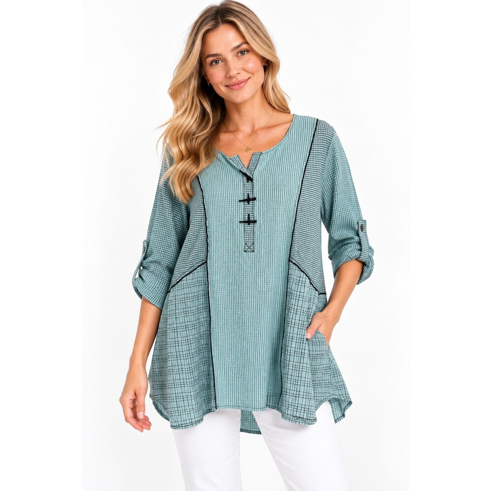 Ali Miles Top Size 1x Blue Black Mixed Media Grid Print Popover Blouse Artsy